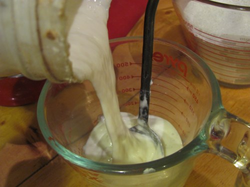 My sourdough starter is a bit goppy & sticky creating long strands as I pour